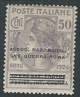 1924 REGNO PARASTATALI INV. GUERRA ROMA 50 CENT MH * - M40-8 - Franchigia
