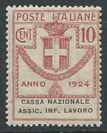 1924 REGNO PARASTATALI CASSA NAZIONALE LAVORO 10 CENT MNH ** - M37-4 - Franchise