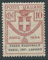 1924 REGNO PARASTATALI CASSA NAZIONALE LAVORO 10 CENT MNH ** - M37-5 - Franchise