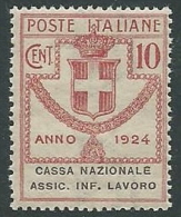 1924 REGNO PARASTATALI CASSA NAZIONALE LAVORO 10 CENT MNH ** - M37-6 - Franchise