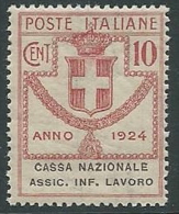 1924 REGNO PARASTATALI CASSA NAZIONALE LAVORO 10 CENT MNH ** - M37-7 - Franchise