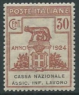 1924 REGNO PARASTATALI CASSA NAZIONALE LAVORO 30 CENT LUSSO MNH ** - M37 - Franchise