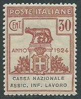 1924 REGNO PARASTATALI CASSA NAZIONALE LAVORO 30 CENT LUSSO MNH ** - M37-5 - Franchise