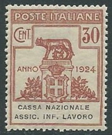 1924 REGNO PARASTATALI CASSA NAZIONALE LAVORO 30 CENT LUSSO MNH ** - M37-6 - Franchise