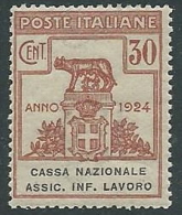 1924 REGNO PARASTATALI CASSA NAZIONALE LAVORO 30 CENT MNH ** - M38 - Franchise