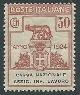 1924 REGNO PARASTATALI CASSA NAZIONALE LAVORO 30 CENT MNH ** - M38-6 - Franchise