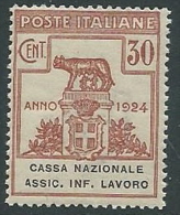 1924 REGNO PARASTATALI CASSA NAZIONALE LAVORO 30 CENT MNH ** - M38-7 - Franchise