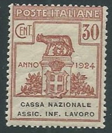 1924 REGNO PARASTATALI CASSA NAZIONALE LAVORO 30 CENT MNH ** - M38-8 - Franchise