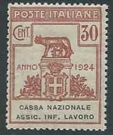 1924 REGNO PARASTATALI CASSA NAZIONALE LAVORO 30 CENT MNH ** - M38-9 - Franchise