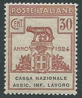 1924 REGNO PARASTATALI CASSA NAZIONALE LAVORO 30 CENT MNH ** - M39 - Franchise