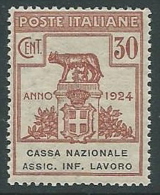 1924 REGNO PARASTATALI CASSA NAZIONALE LAVORO 30 CENT MNH ** - M39-2 - Franchise