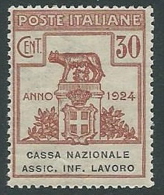 1924 REGNO PARASTATALI CASSA NAZIONALE LAVORO 30 CENT MNH ** - M39-3 - Franchise