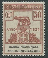 1924 REGNO PARASTATALI CASSA NAZIONALE LAVORO 30 CENT MNH ** - M39-4 - Franchise