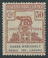 1924 REGNO PARASTATALI CASSA NAZIONALE LAVORO 30 CENT MNH ** - M39-5 - Franchise