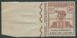 1924 REGNO PARASTATALI CASSA NAZIONALE LAVORO 30 CENT MNH ** - M39-7 - Franchise