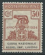 1924 REGNO PARASTATALI CASSA NAZ LAVORO 30 CENT VARIETà O ROTTA MNH ** - M40 - Franchise