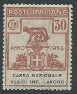 1924 REGNO PARASTATALI CASSA NAZIONALE LAVORO 30 CENT MNH ** - M40-4 - Franchise