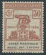 1924 REGNO PARASTATALI CASSA NAZIONALE LAVORO 30 CENT MNH ** - M40-5 - Franchise