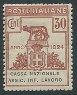 1924 REGNO PARASTATALI CASSA NAZIONALE LAVORO 30 CENT MNH ** - M40-6 - Franchise