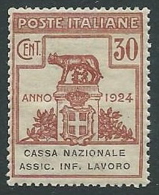 1924 REGNO PARASTATALI CASSA NAZIONALE LAVORO 30 CENT MNH ** - M40-7 - Franchise