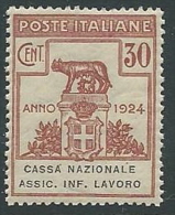 1924 REGNO PARASTATALI CASSA NAZIONALE LAVORO 30 CENT MNH ** - M40-8 - Franchise