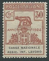1924 REGNO PARASTATALI CASSA NAZIONALE LAVORO 30 CENT MNH ** - M40-9 - Franchise