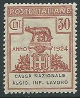 1924 REGNO PARASTATALI CASSA NAZIONALE LAVORO 30 CENT MNH ** - M41-3 - Franchise