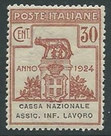 1924 REGNO PARASTATALI CASSA NAZIONALE LAVORO 30 CENT MNH ** - M41-4 - Franchise