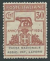 1924 REGNO PARASTATALI CASSA NAZIONALE LAVORO 30 CENT MNH ** - M41-5 - Franchise