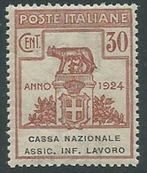 1924 REGNO PARASTATALI CASSA NAZIONALE LAVORO 30 CENT MNH ** - M41-8 - Franchise