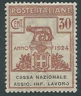 1924 REGNO PARASTATALI CASSA NAZIONALE LAVORO 30 CENT MNH ** - M41-9 - Franchise