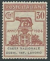 1924 REGNO PARASTATALI CASSA NAZIONALE LAVORO 30 CENT MNH ** - M42 - Franchise