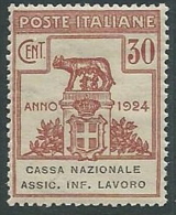 1924 REGNO PARASTATALI CASSA NAZIONALE LAVORO 30 CENT MNH ** - M42-2 - Franchise