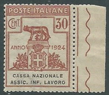 1924 REGNO PARASTATALI CASSA NAZIONALE LAVORO 30 CENT MNH ** - M42-4 - Franchise