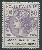 1924 REGNO PARASTATALI ASSOC NAZ MUTIL 50 CENT MNH ** - M39-9 - Franchigia
