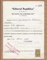 Recibo / Documento "EDITORIAL REPUBLICA" Jornal - Rua Da Misericordia, 116 Lisboa PORTUGAL - Portugal