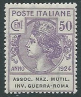 1924 REGNO PARASTATALI ASSOC NAZ MUTIL 50 CENT MNH ** - M42 - Franchigia