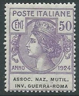 1924 REGNO PARASTATALI ASSOC NAZ MUTIL 50 CENT MNH ** - M43-8 - Franchigia