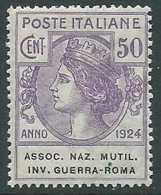 1924 REGNO PARASTATALI ASSOC NAZ MUTIL 50 CENT MNH ** - M45 - Franchigia
