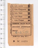 1953 - Ferrovie Dello Stato Soccorso Invernale - Bari - Biglietto Ticket Treno Train - Europe