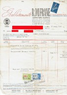 Facture Etablissements R. DUFRANE Bruxelles - Articles Pour Coiffeurs - Timbres Fiscaux 0,80 FB Et 10 FB      (4108 ) - 1900 – 1949