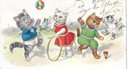 CHATS Humanisés -- Joueurs ,de Ballon ,de Cerceau ,de Corde,de Toupie  --Tres Bon état - Animali Abbigliati