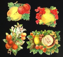 Chromo Découpis Thème Fruits Gaufrés Relief Fraise Citron Pêche Pomme Groseilles Poire Cerises  6 à 8 Cm - Other & Unclassified