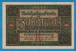 DEUTSCHES REICH 10 MARK 06.02.1920 LETTER K  Alpha W.9278856   P#67a - 10 Mark