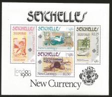 E)1980 SEYCHELLES, NEW CURRENCY, COIN, BLOCK OF 4, MNH - Seychelles (1976-...)