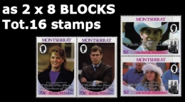 MONTSERRAT 1986 Wedding Princess Anne OVPT:The Duke 8-blocks:2 (16 Stamps)  [Aufdruck,surimprimé,sobreimpreso] - Montserrat