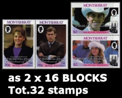 MONTSERRAT 1986 Wedding Princess Anne OVPT:The Duke 16-blocks:2 (32 Stamps)   [Aufdruck,surimprimé,sobreimpreso] - Montserrat