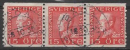 SWEDEN 1921  Gustav V - 15ore - Red  FU BLOCK OF 3 - Blocks & Sheetlets