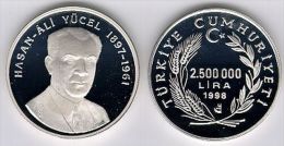 AC - HASAN ALI YUCEL - EDUCATION MINESTER COMM SILVER COIN 1998 TURKEY UNCIRCULATED  PROOF - Turkey