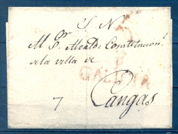 1820 - 26 , PONTEVEDRA , ENVUELTA CIRCULADA ENTRE PONTEVEDRA Y CANGAS , MARCA TIZÓN Nº 11 - ...-1850 Prefilatelia